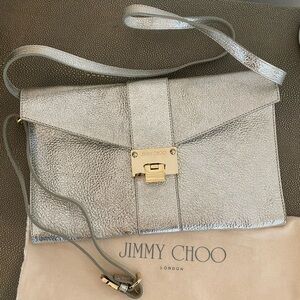 Jimmy Choo Rebel Clutch Metallic Silver Leather Convertible Gold Hardware